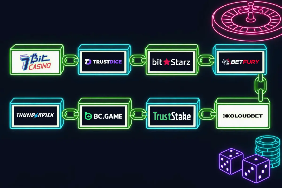 A neon chain of eight blocks carrying the logos of the eight casinos we review, in rating order